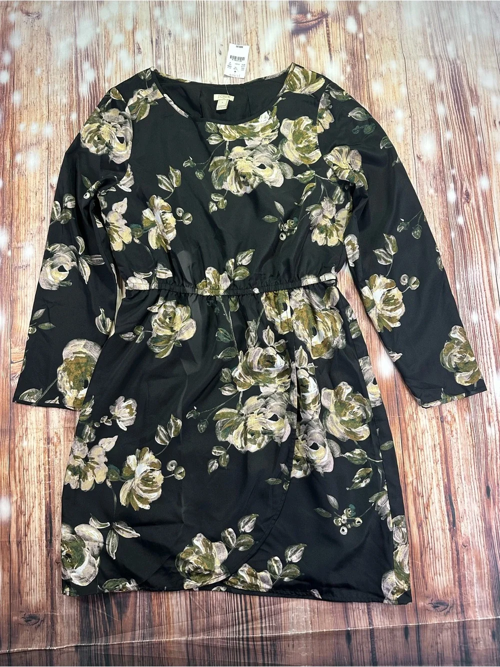 NWT J. Crew Black Floral Long Sleeve Tulip Hem Dress - Size 8  Polyester